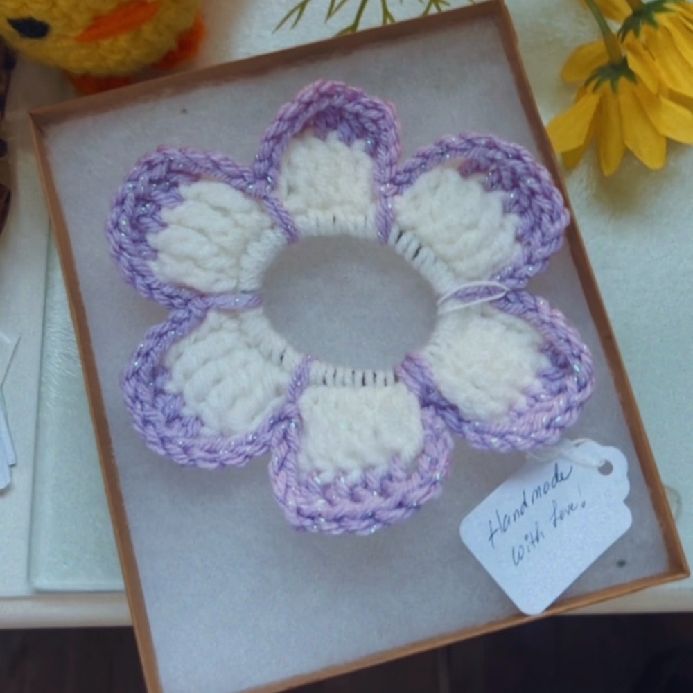 Handmade Purple and White Crochet Flower Hair Tie; crochet scrunchie